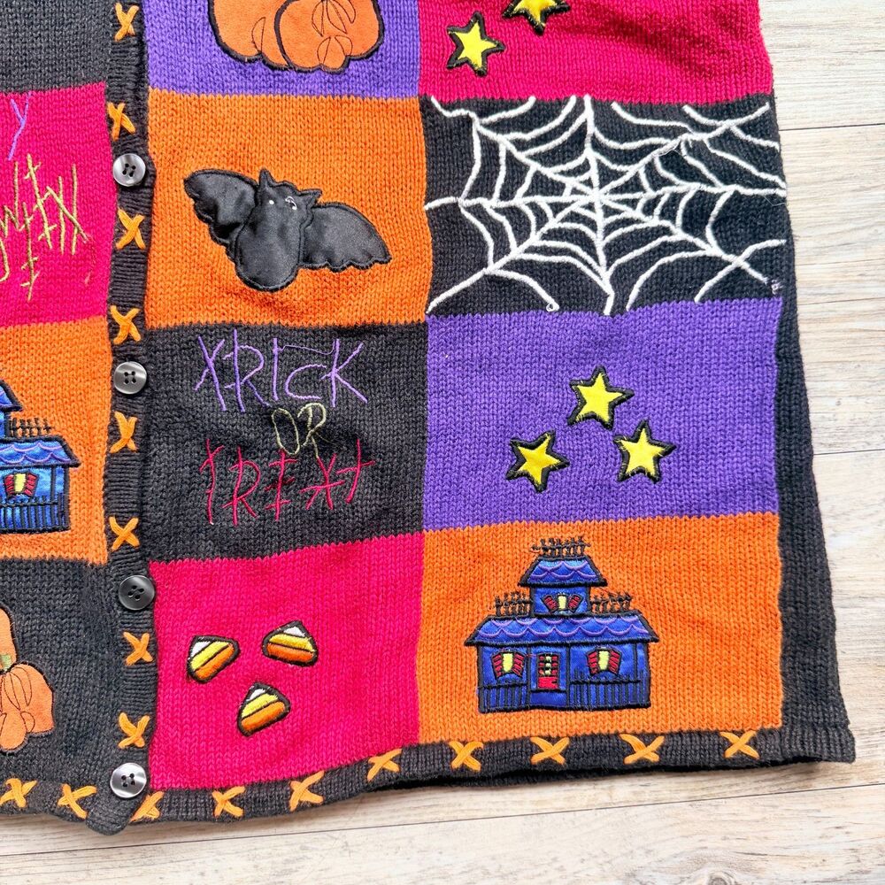 Vintage Halloween Sweater Patchwork Vest XL Witch Pumpkin Bat 90s Knit Kitschy - Picture 3 of 10